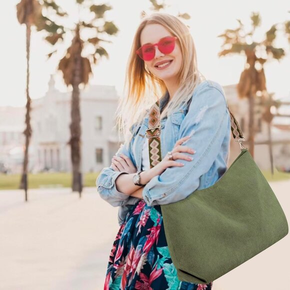 Women’s Green Corduroy Tote Shoulder Bag with Adjustment Straps And Zipper - Picture 7 of 7